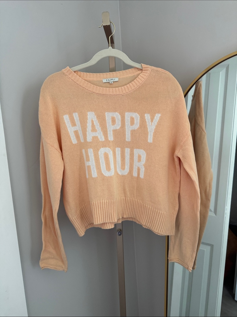 Z Supply Peach Crewneck Sweater with WHITE 'HAPPY HOUR' Lettering